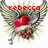 Pixelated icon with red text 'rebecca' above a central figure holding a large red heart, surrounded by wing-like shapes.