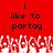 Red background with black text reading 'i like to partay' repeated twice, white pixelated shapes at the bottom resembling hands or flames.