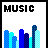 Pixelated graphic with 'MUSIC' text above blue and cyan bar graph elements on white background.