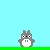 Pixel art animation of a gray Totoro-like creature on a green platform against light blue background, with text overlays changing across frames.