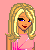 Pixel art contact sheet showing 11 frames of an animated doll icon with pink background and text bubbles in dark blue boxes.
