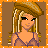 Pixel art contact sheet showing a female character in four frames with brown background and orange border, featuring blonde hair, purple top, patterned pants, handbag, and text "Cutie!!!".
