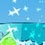 Pixelated static image of a beach scene with turquoise water, white sand, and light blue sky containing scattered clouds.