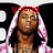 A person wearing a pink and white hooded garment with visible tattoos on the chest, set against a black background with white circular shapes.