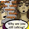 Animated cartoon-style character with brown curly hair appears in four showing different expressions and text bubbles