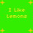 Green background with yellow pixelated text "I Like Lemons" repeated four times and scattered yellow star shapes.
