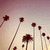 Pixelated image of dark red flower-like shapes on thin stems against a gradient background transitioning from light beige to pale purple.