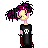 Pixel art contact sheet showing a character with purple hair and black shirt alongside text fragments about laughing differences, arranged in 3x2 grid layout on gray background.