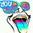 Pixelated cartoon face with sunglasses, tongue out, and text overlays changing across frames.
