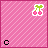 Pixel art cherry icon with pink striped background, green stems, and white outline on a of six showing lettered positions