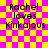 Yellow and pink checkered background with black text reading "Rachel loves Kinkajous" in four identical , two with faint pink overlays