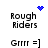 Pixelated text 'Rough Riders' and 'Grrr =]' with blue pixel art icons above each phrase, showing animation changes between frames.