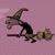 Pixelated witch on broomstick against pink dotted background with cloud shapes, showing motion across frames.