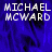 Pixelated text 'MICHAEL MCWARD' appears in white on a blue background with a gray section, displayed across multiple