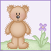 Pixelated teddy bear stands on green grass with a purple flower, showing two sequential expressions and a flower position change.