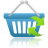 Blue shopping basket with white vertical slats and green arrow graphic on right side, hanging from gray background.