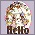 Pixelated oval icon with textured brown-and-white pattern, dark brown text at bottom, and purple graphic overlay in one view.