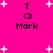 Bright pink background with white starbursts; four identical pixelated text blocks reading 'I <3 Mark' arranged in a pattern