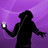 Silhouette of a hooded figure holding a glowing orb against a purple gradient background with pixelated texture.