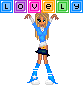 Pixel art of a female character in a blue hoodie and black skirt holding colorful letter blocks spelling 'LOVELY' above her head.