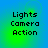 Four identical display 'Lights Camera Action' text over a blue-green gradient background with subtle circular patterns