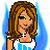 Pixelated cartoon woman with brown hair and blue-and-white top next to blue text bubble reading BLONDE AT HEART on light blue background.
