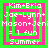 Four identical pixelated squares with green and pink borders display white text listing names, "= 1 fun," and "Summer" against a solid green background.