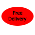 Two oval-shaped buttons with 'Free Delivery' text, one red and one green, displayed side-by-side on a gray background.