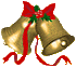 Two golden bells with red ribbons and holly accents, each bell featuring a shiny highlight on its surface.