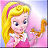 Pixelated cartoon character with long blonde hair and blue eyes, wearing a pink dress with white collar, holding a golden object against a pink and light blue gradient background.