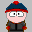 Pixelated character with blue-red hat, gray jacket, red cuffs; mouth and green props change across frames.