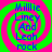 Four identical display blue text on a green and pink spiral background with no visible motion changes