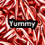 Red and white striped background with four text labels: 'Yummy', 'In', 'My', and 'Tummy' in black boxes.