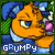 Pixelated orange creature with blue ears and collar, holding pink object, displaying grumpy expression