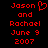 Red pixelated text on black background reads 'Jason and Rachael June 9 2007' with a heart symbol replacing the 'o' in Jason.