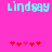 Pixelated cyan text 'Lindsay' on bright pink background with red heart symbols below.