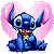 Blue cartoon character with large eyes and purple-tipped ears sits against pink heart-shaped background, wearing red collar with yellow tag.