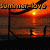 Animated sunset scene with changing text and a bow tie overlay, featuring orange sky reflections on water.