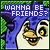 Pixelated cartoon character with yellow eyes and brown beak against blue background, text "WANNA BE FRIENDS?" above.