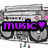 Pixelated boombox with pink accents and green speaker grilles, overlaid text 'music' in purple cyan or green followed by a heart symbol.