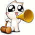 White cartoon character with large black eyes and pink cheeks holds a golden megaphone in one hand and brown drumsticks in the other, mouth open as if shouting.