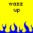 Yellow background with blue flame shapes at the bottom, black pixelated text "wazz up" repeated twice above flames.