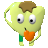 Pixelated character with light green body, brown hair, large white eyes with black pupils, green sleeve, and orange heart-shaped object held in front.