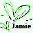 Pixelated green and black icon with abstract shapes resembling a heart, leaf, or stylized letter 'J' above the name "Jamie" in bold black text.