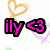 Pixelated icon with pink text 'ily<3' and orange heart outline on white background, transitioning to vertical text 'but you love her <3' in same style.
