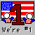 Pixelated icon with American flag background, large red number '1', two pixelated figures in patriotic clothing, and text reading "We're #1" at bottom.