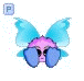 Pixelated cartoon character with pink head, blue wings, and blue hands covering eyes, displayed in a with changing text elements