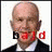 four identical pixelated images showing a bald man in a black suit and white shirt with red text "bald" overlaid, each frame displaying different letter positioning