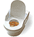 Static pixel art of a gray cowboy hat resting on a white plate with brown food, accompanied by a fork and knife.
