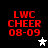 Red pixelated text 'LWC CHEER 08-09' on black background with white and gray star icons in different positions.